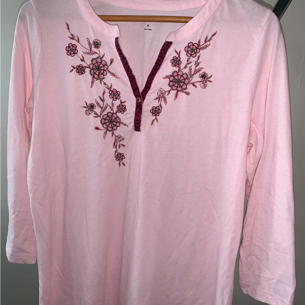 Pink Beaded Kim Rogers Top M Like New